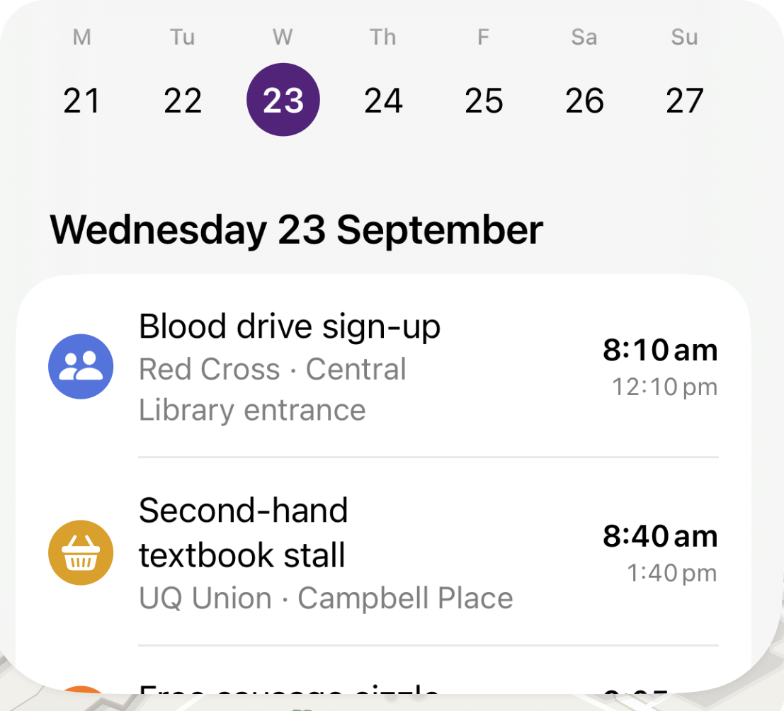 Wednesday 23 September: a blood drive sign-up at the Central Library entrance, a second-hand textbook stall and a free sausage sizzle.