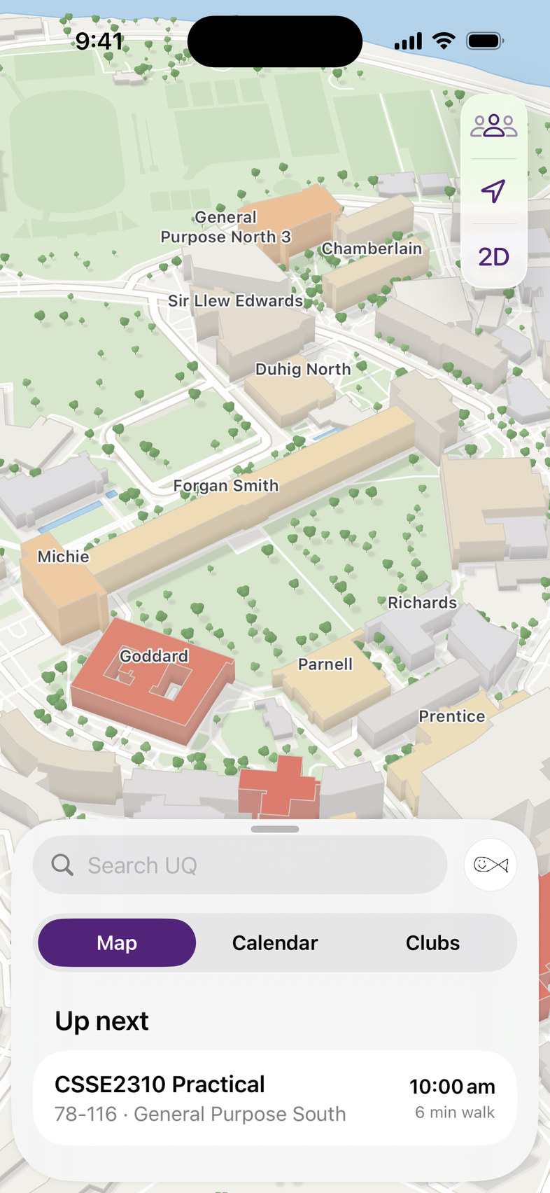 The campus map shaded by how busy each building is.