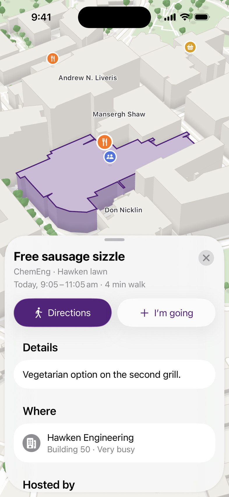 A free sausage sizzle on the Hawken lawn, with its building lit up on the map.