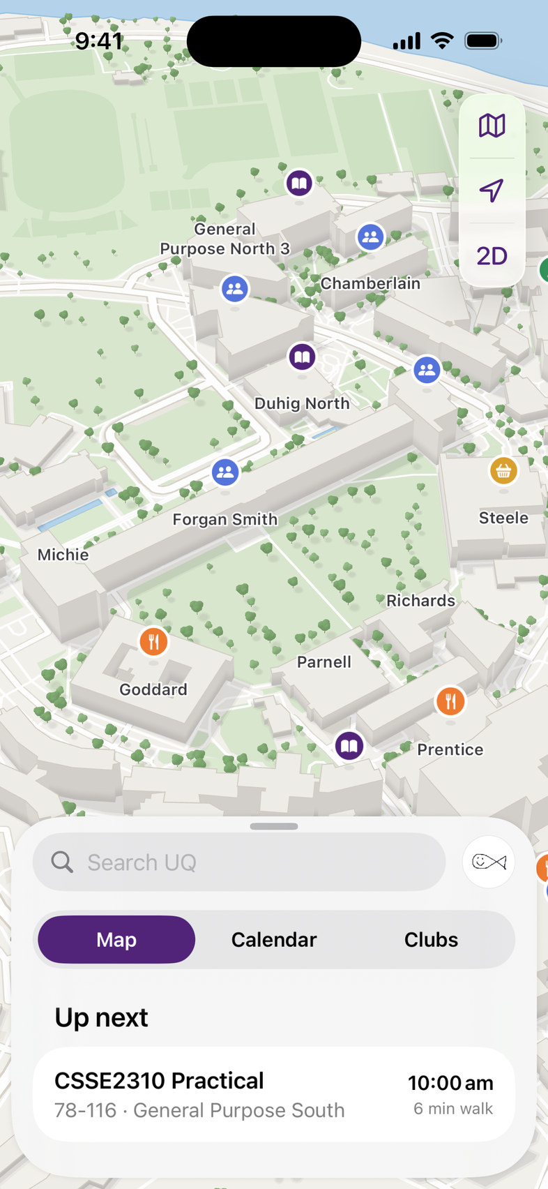 Alma’s map with the next class, CSSE2310 Practical at 10:00 am in General Purpose South, a six-minute walk away.