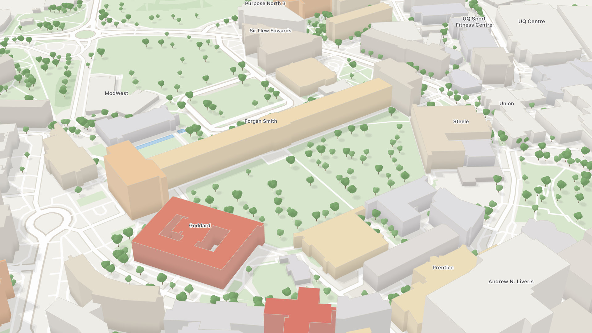 The same view, with each building shaded by how busy it is.