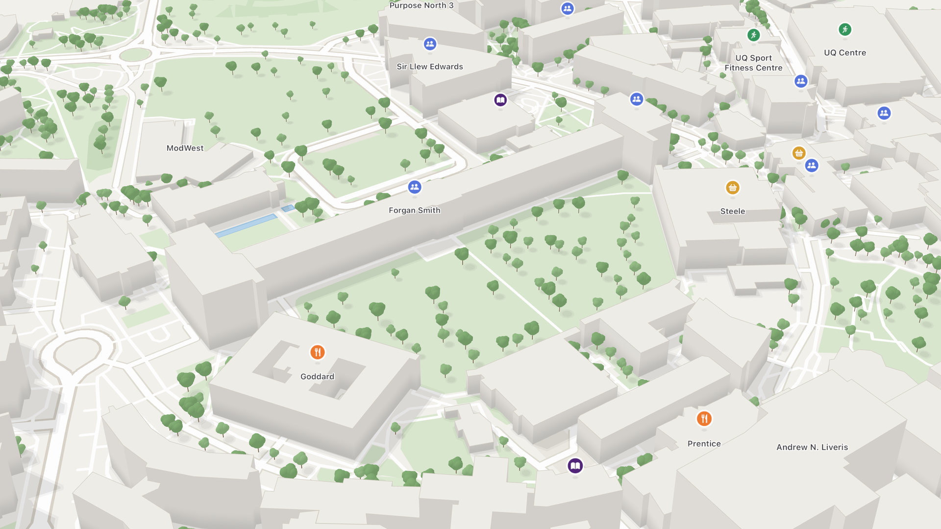 The campus in 3D, with building names.