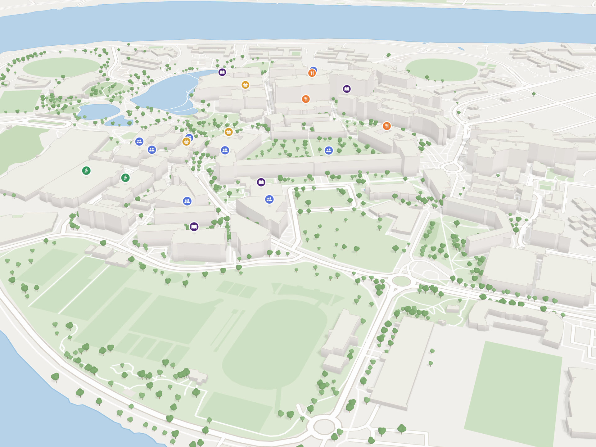 Alma’s 3D map of a university campus, turning slowly.